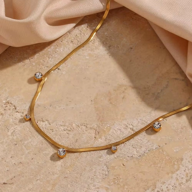 18K Gold Plated Snake Chain Necklace round Zircon Charm Stainless Steel Chain Choker Necklace