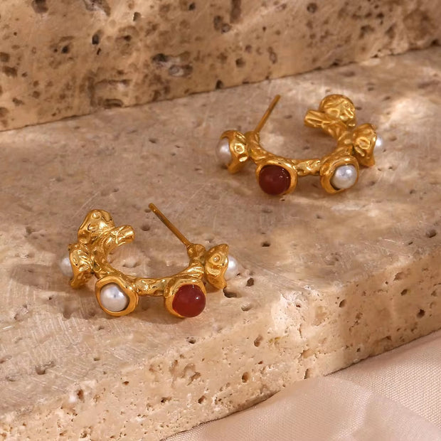 2023 New Arrivals Ruby Stud Earrings 18K Gold Plated Stainless Steel Pearl Bulk Wholesale Earrings