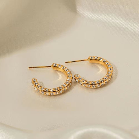 Waterproof 18K Gold Plated CZ Stone Earring Stainless Steel Pave Clear Cubic Zirconia CC Hoop Earring for Girls