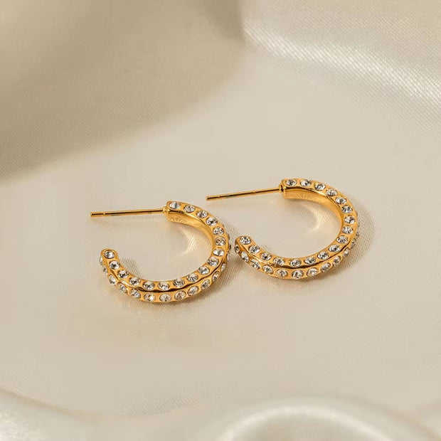 Waterproof 18K Gold Plated CZ Stone Earring Stainless Steel Pave Clear Cubic Zirconia CC Hoop Earring for Girls