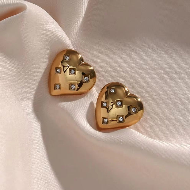 Zircon Heart Shaped Stud Earrings Stainless Steel Gold Plated Earrings Studs round Cubic Zirconia Bezel Setting