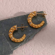 Vintage 18K Gold Plated Zircon Twist Croissant Hoop Earring Tarnish Free Stainless Steel Hoop Earring for Women