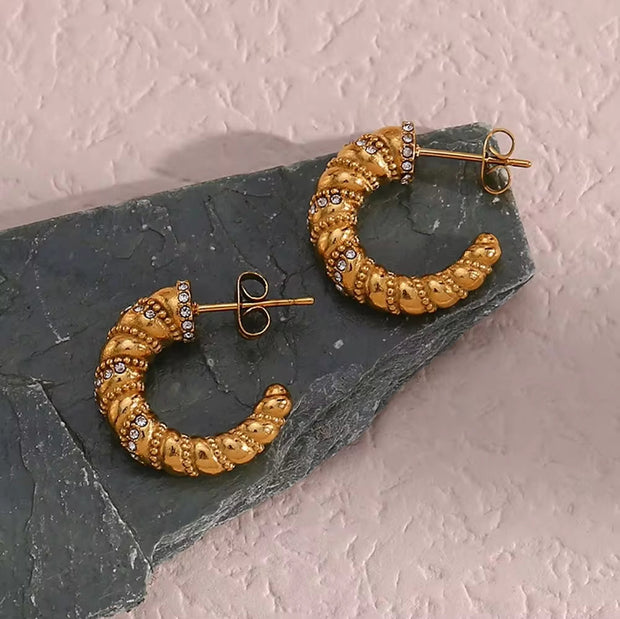 Vintage 18K Gold Plated Zircon Twist Croissant Hoop Earring Tarnish Free Stainless Steel Hoop Earring for Women