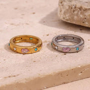 Valentines Day Gift 2024 Colorful Zircon Signet Ring Gold Plated Stainless Steel Rings Women