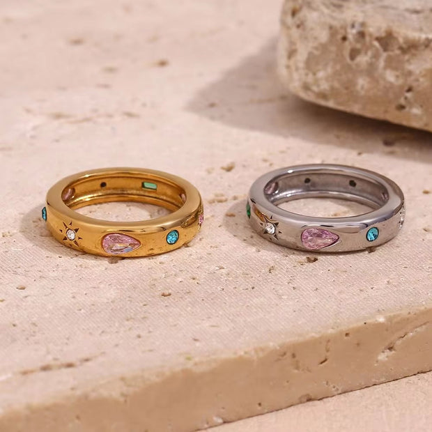 Valentines Day Gift 2024 Colorful Zircon Signet Ring Gold Plated Stainless Steel Rings Women