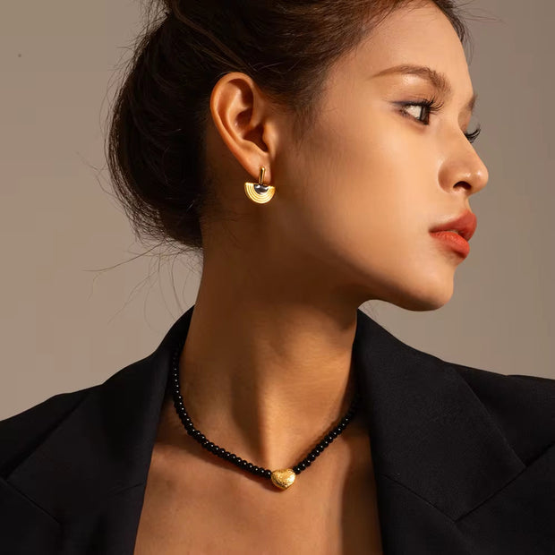 18K Gold Plated Stainless Steel Gift Black Obsidian Beads 3D Dimensional Heart Pendant Choker Necklace Women