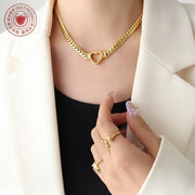 18K PVD Gold Plated Heart Shape Stainless Steel Cuban Chain Necklace Tarnish Free & Waterproof Jewelry