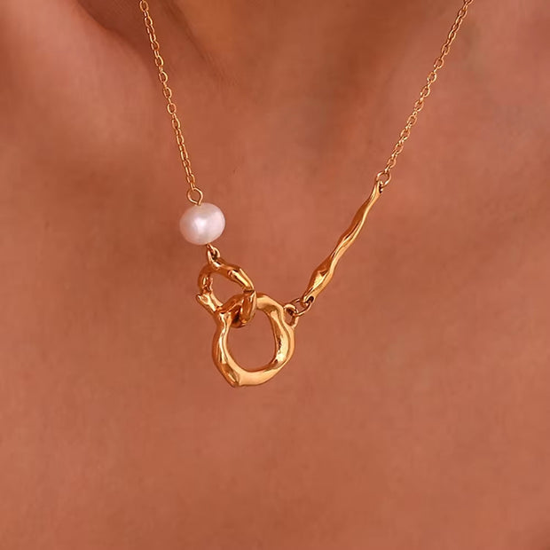 Vintage Jewelry Circle Cross Pearl Necklace 18K Gold Plated Stainless Steel Jewelry