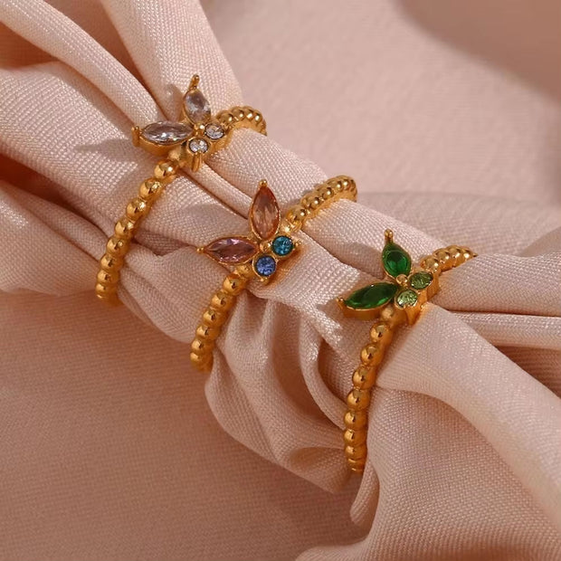 18K Gold Plated Stainless Steel Adjustable Zircon Butterfly Rings for Women Non Tarnish Jewelry