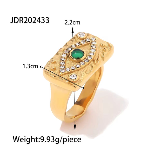 Waterproof 18K Gold Plated Stainless Steel Rings Jewelry Set Cubic Zirconia Malachite Eye Pendant Necklace