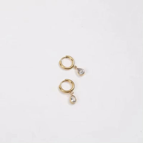 18K Gold Plated Earrings Stainless Steel Waterdrop Zircon Hoop Earring for Girls FJE0176