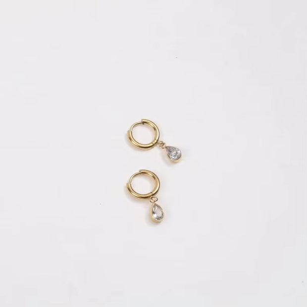 18K Gold Plated Earrings Stainless Steel Waterdrop Zircon Hoop Earring for Girls FJE0176