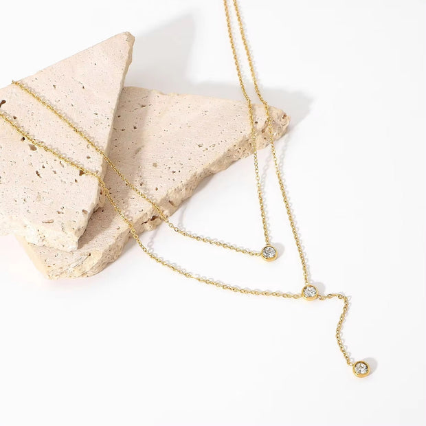 18K Gold Stainless Steel Y Shaped Dainty Chain Double Layer Shiny Cubic Zirconia Lariat Necklaces