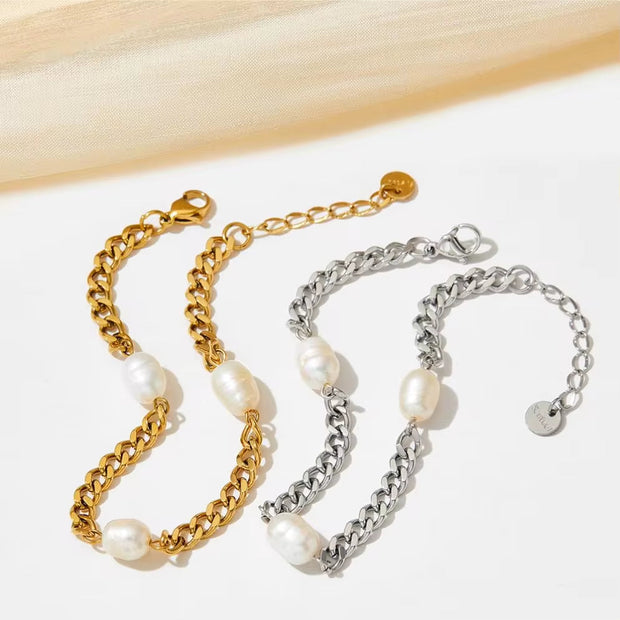 Vintage Pearl Charm Cuban Link Chain Bracelet 18K Gold Plated Stainless Steel Chain Bracelet