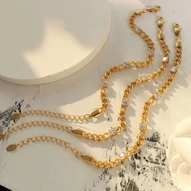 18K Gold Plated Stainless Steel Jewelry Waterproof Charm Cuban Chain Cubic Zirconia Bracelet for Women Ladies