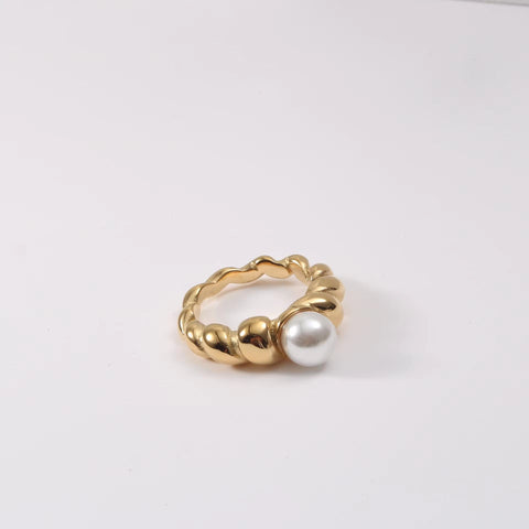 Waterproof Statement 18K Gold Plated Big Fresh Water Pearl Twisted Ring Chunky Twist Rope Chain Stainless Steel Ring