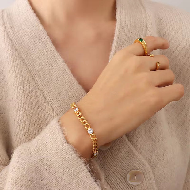 18K Gold Plated Stainless Steel Jewelry Waterproof Charm Cuban Chain Cubic Zirconia Bracelet for Women Ladies