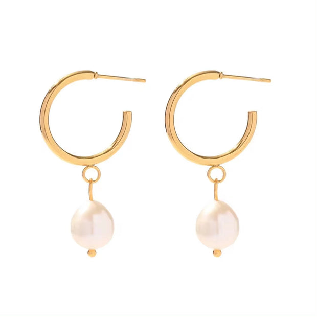 18K Gold Planted Pearl CC Texture Hoop Earring Nontarnish Stainless Steel Pearl Hoop Earring for Women