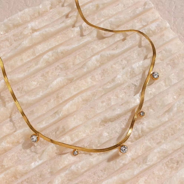 18K Gold Plated Snake Chain Necklace round Zircon Charm Stainless Steel Chain Choker Necklace