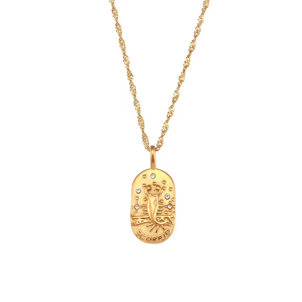 Vintage Embossment 12 Zodiac Signs Zircon Pendant Necklace 18K Gold Plated Stainless Steel Necklace for Women