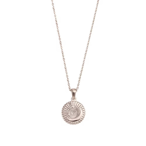 Vintage round Sunburst Texture Moon Star Zircon Pendant Necklace Stainless Steel Necklace Design Jewelry