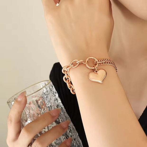 18K Gold Chunky Heart Curb Splicing Stainless Steel Smooth Double Layer Heart Chains Bracelet Women