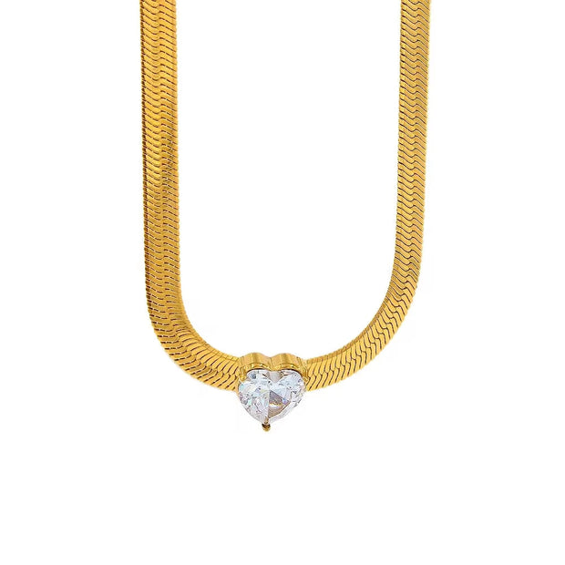 Trendy Short Snake Chain Zircon Heart Necklace Charm Heart Crystal Pendant Necklace for Women Girls Gift