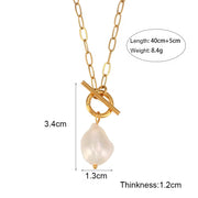 18K Gold Plated Baroque Fresh Water Pearl Paper Clip Chain Stainless Steel Pendant Necklace