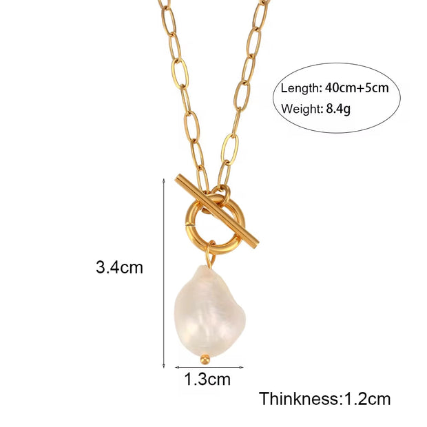18K Gold Plated Baroque Fresh Water Pearl Paper Clip Chain Stainless Steel Pendant Necklace