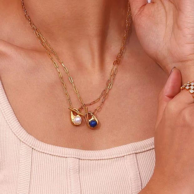Valentine Gift Water Drop Natural Stone Necklace 18K Gold Plated Stainless Steel Paper Clip Chain Necklace