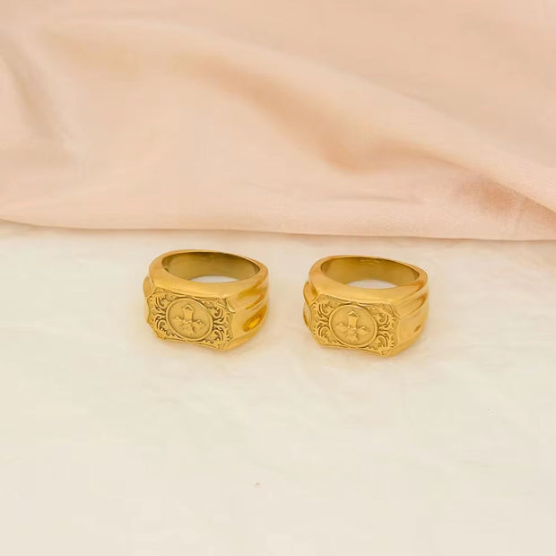 13MM Unisex Exquisite Cross Carved Stainless Steel Ring Cuban 18K Gold Plated Finger Jewelry Wedding Gift Waterproof