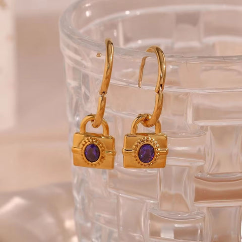 Vintage 18K Gold Plated Zircon Lock Shape Drop Earrings Stainless Steel Women Drop Earring