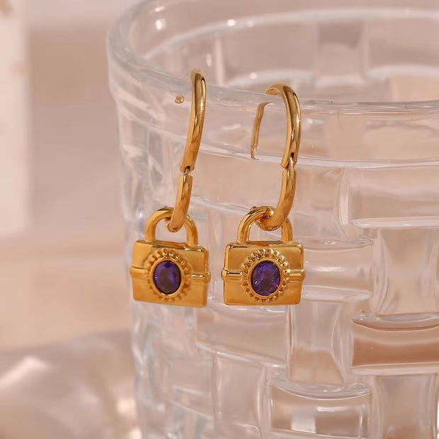 Vintage 18K Gold Plated Zircon Lock Shape Drop Earrings Stainless Steel Women Drop Earring