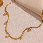 18K Gold Plated Snake Chain Necklace round Zircon Charm Stainless Steel Chain Choker Necklace