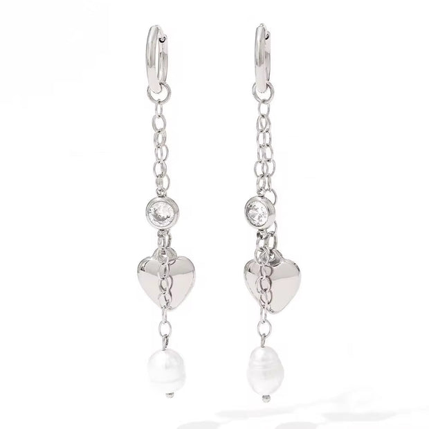 18K Gold Plated Stainless Steel Jewelry Tassel Heart Fresh Water Pearl Cubic Zirconia Drop Earrings for Womens