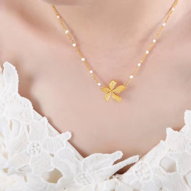 Vintage French Style Flower Chain Necklace Jewelry 18K Gold Stainless Steel Waterproof Minimalist Pearl Flower Necklace