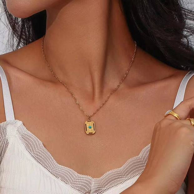 Vintage Tarnish Free Square Sunburst Turquoise Pendant Necklace 18K Gold Plated Stainless Steel Necklace