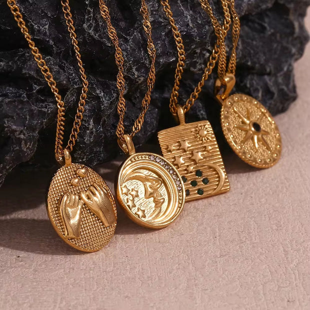 Valentine'S Day Jewelry Engraved Tarot Pendant Necklace 18K Gold Plated Stainless Steel Jewelry Set
