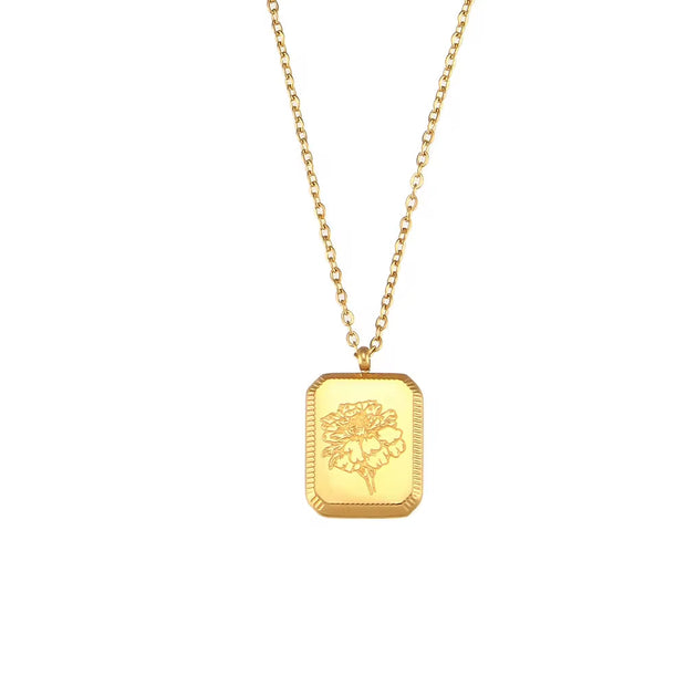 Vintage Engraved Square Birth Flower Pendant Necklace 18K Gold Plated Stainless Steel Tarot Necklace
