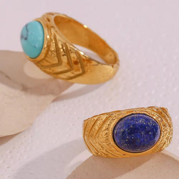 Vintage Dome Ring Engraved Gemstone Rings PVD Gold Plated Stainless Steel Statement Ring