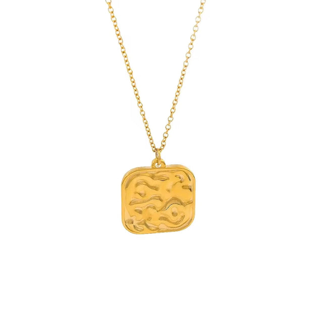 Women Stylish Textured Square Stainless Steel Pendant Necklace High Quality Gold Color Daily Wear Jewelry