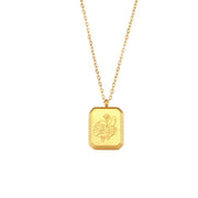 Vintage Engraved Square Birth Flower Pendant Necklace 18K Gold Plated Stainless Steel Tarot Necklace