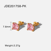18K Gold Plated Stainless Steel Jewelry Gift Square Earrings Colorful Cubic Zirconia Stud Earrings