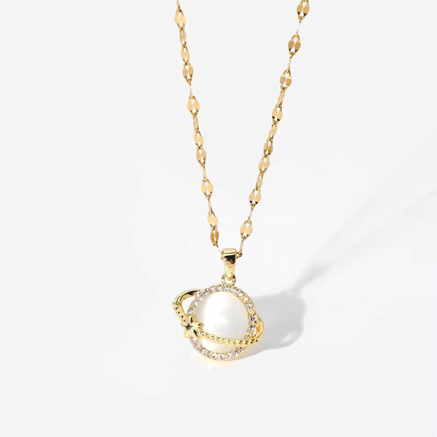 Women Jewelry Zircon Planet Eearth Cat Eye Opal Stone Pendant Necklaces 18K Gold Chain Choker Stainless Steel Necklace