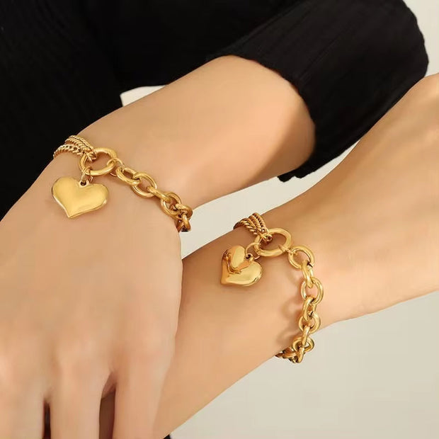 18K Gold Chunky Heart Curb Splicing Stainless Steel Smooth Double Layer Heart Chains Bracelet Women