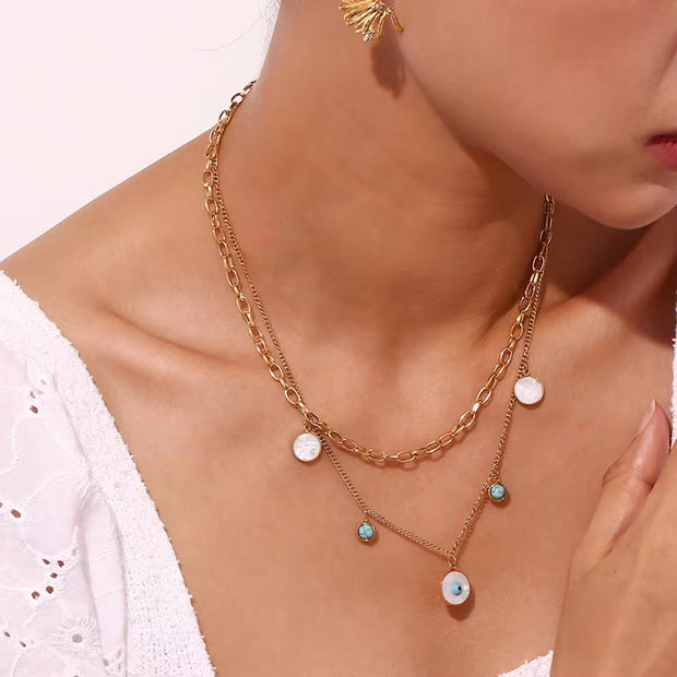 Turquoise Evil Eye Charm Necklace Double Layer Chain Necklace Gold Plated Stainless Steel Jewelry