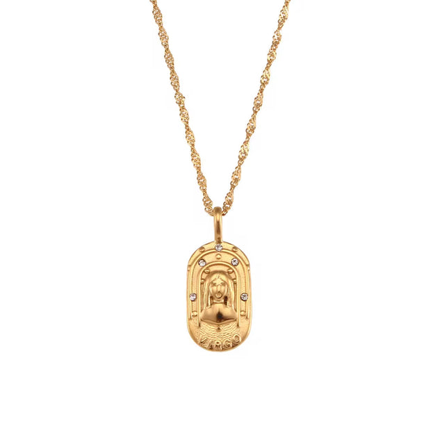 Vintage Embossment 12 Zodiac Signs Zircon Pendant Necklace 18K Gold Plated Stainless Steel Necklace for Women