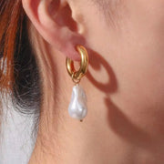 Vintage Baroque Pearl Charms Hypoallergenic Tarnish Free Stainless Steel Gold Hoop Earrings for Women