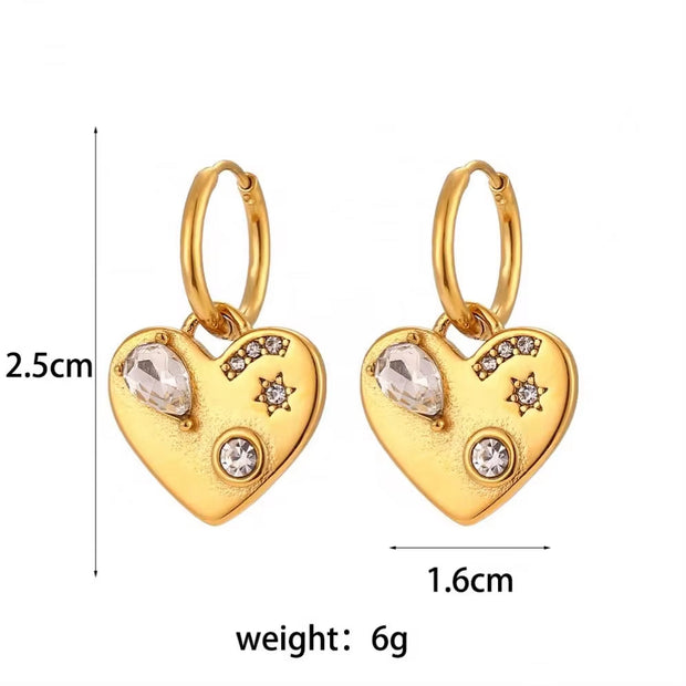Tarnish Free Shining Zircon Jewelry Heart Drop Earrings Gold Plated Jewelry Stainless Steel Gold Hoop Earring