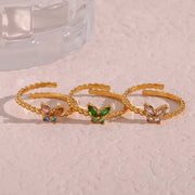 18K Gold Plated Stainless Steel Adjustable Zircon Butterfly Rings for Women Non Tarnish Jewelry